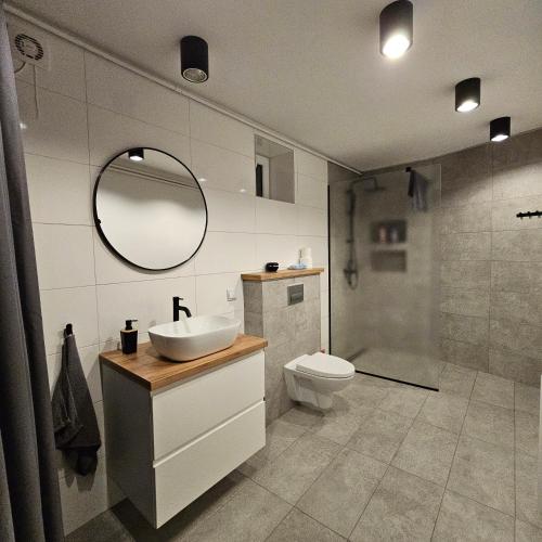 a bathroom with a sink and a toilet and a mirror at Apartament Tuwima 1 in Prudnik