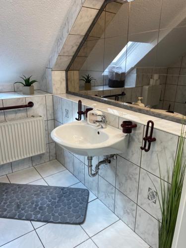 uma casa de banho com um lavatório e um espelho em Ferienwohnung am Erbacher Mümlingufer em Erbach