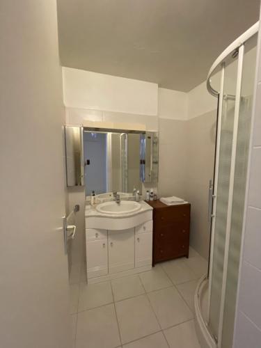 une salle de bain blanche avec un lavabo et une douche dans l'établissement 2 pièces à 5min de Cannes, au Cannet