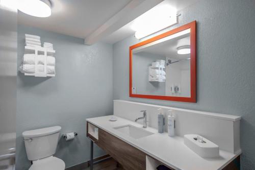 a bathroom with a sink and a toilet and a mirror at Hampton Inn Sarasota I-75 Bee Ridge in Sarasota