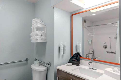 ein Badezimmer mit einem WC, einem Waschbecken und einem Spiegel in der Unterkunft Hampton Inn Sarasota I-75 Bee Ridge in Sarasota