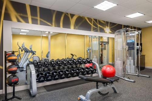 a gym with a lot of equipment in a room at Hilton Garden Inn Montgomery East in Montgomery