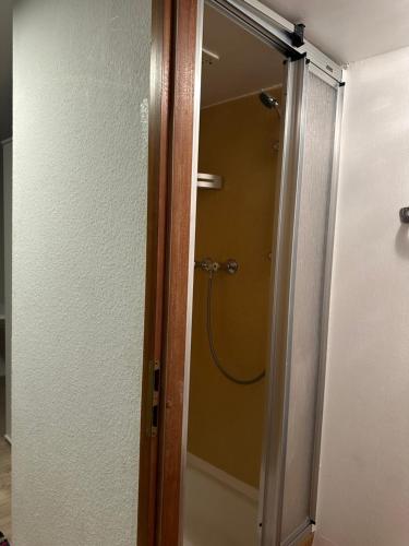 een douche in een badkamer met een glazen deur bij Zimmer mit eigener Dusche & WC , beim Stausee in Schömberg