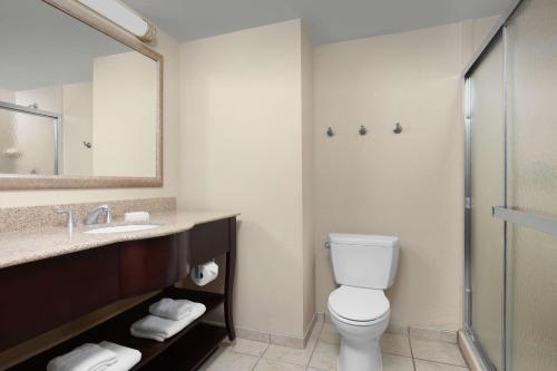 a bathroom with a toilet and a sink and a mirror at Hampton Inn Syracuse Clay in Liverpool