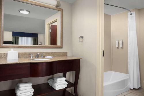 La salle de bains est pourvue d'un lavabo, d'une baignoire et d'un miroir. dans l'établissement Hampton Inn Syracuse Clay, à Liverpool