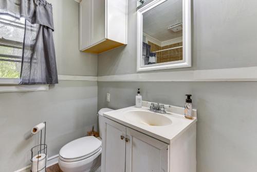 a bathroom with a sink and a toilet and a mirror at Cozy Charlotte Home with Fire Pit about 6 Mi to Uptown! in Charlotte