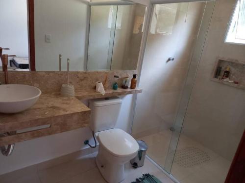 een badkamer met een toilet, een wastafel en een douche bij Meu Pequeno Paraíso in Pinhalzinho