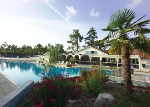 une piscine avec un palmier et une maison dans l'établissement Bungalow chaleureux à Saint-Jean-de-Monts avec piscine partagée., à Saint-Jean-de-Monts