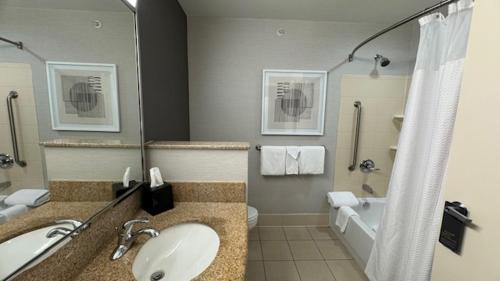 a bathroom with a sink and a toilet and a tub at Courtyard by Marriott Kingston in Kingston