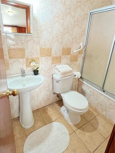 uma casa de banho com um WC, um lavatório e um chuveiro em Hostal Feliza em Valdivia