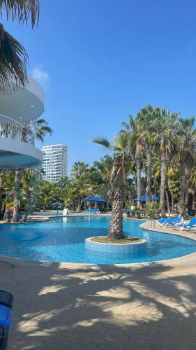 a large swimming pool with palm trees in a resort at Punta Centinella Yacht Club in Santa Elena