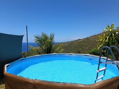 a large swimming pool with a mountain in the background at Poz Tropicale in Schœlcher