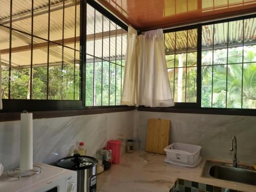 eine Küche mit Fenstern und einer Theke mit einer Spüle in der Unterkunft Quinta la Inesperada in Aguas Claras