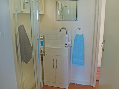 Baño pequeño con lavabo y espejo en Bacton Seaview Bungalow, en Bacton