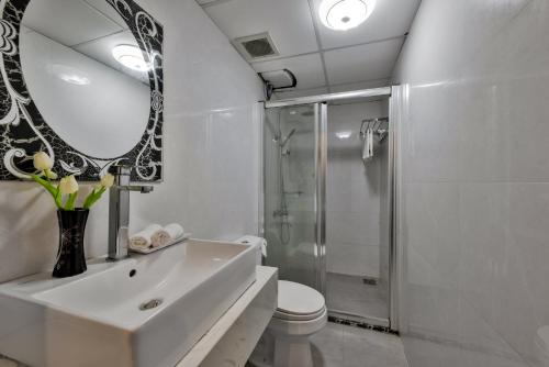 uma casa de banho com um lavatório, um chuveiro e um espelho. em Catba Central Hotel 2 em Ilha de Cát Bà