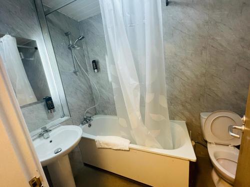 a bathroom with a shower and a toilet and a sink at Hylands Hotel in Coventry