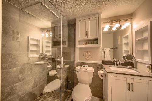 y baño con aseo, lavabo y ducha. en Sweet Retreat RRC A203 en New Braunfels