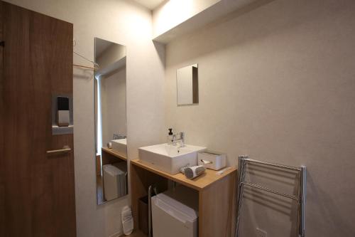 a bathroom with a sink and a mirror at OHWA hostel minowa station in Tokyo