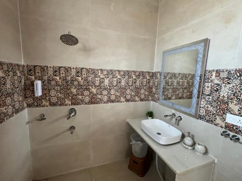 Un baño con lavabo, ducha y espejo. en Hibiscus, en Kota Bāgh