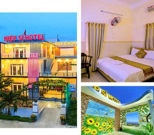 a collage of three pictures of a hotel room at Kh&aacute;ch Sạn Hiệp Sĩ L&yacute; Sơn in Ly Son