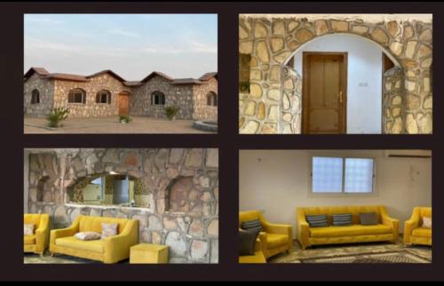 شالية النايف في أملج: مجموعة من اربع صور لغرفة المعيشة اثاث اصفر