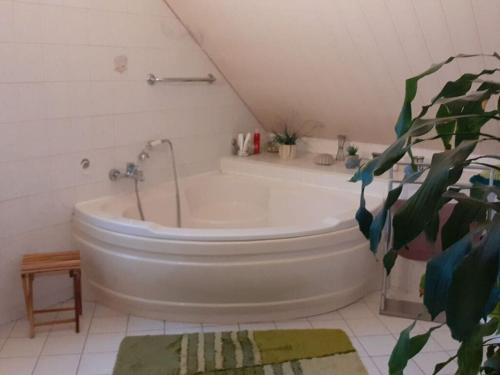 a bathroom with a bath tub in a attic at "Lake view" Modern retreat in Torgelow am See