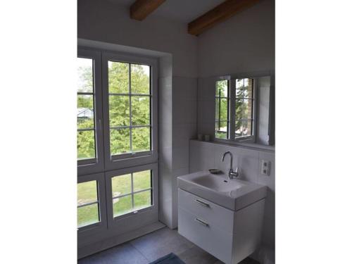 a bathroom with a sink and two windows at Holiday apartment in Flieth-Stegelitz 