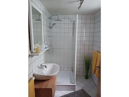 a bathroom with a sink and a shower and a tub at Holiday apartment Goldkäulchen in Waldrach