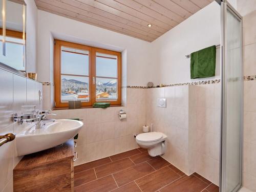 ein Bad mit einem Waschbecken, einem WC und einer Dusche in der Unterkunft Holiday apartment "Wetterstein" in Krün