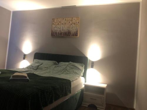 a bedroom with a bed with two lights on it at Joy in Oradea