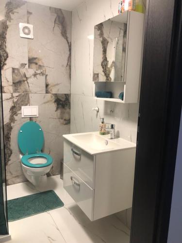 a bathroom with a blue toilet and a sink at Joy in Oradea