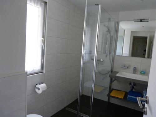 uma casa de banho com um chuveiro e um lavatório. em FeWo Bielsteinblick em Wernigerode