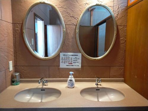 two sinks in a bathroom with two mirrors at G-4 Gramping Sauna 白馬森のわさび農園 in Hakuba