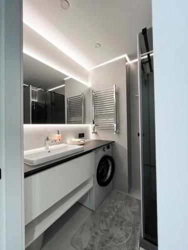 a bathroom with a sink and a washing machine at Апартаменти VIP з видом на Театр - Мережа HELEN in Poltava