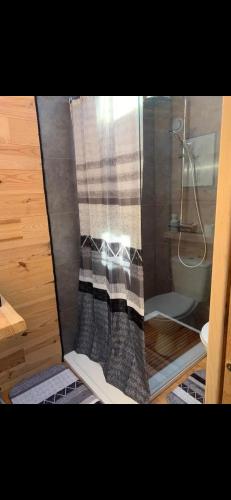 una doccia con tenda in bagno di La Tiny house ad Ardres