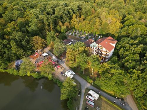 eine Luftansicht eines Hauses neben einem Fluss in der Unterkunft Kreuzberghof in Tiefenbach