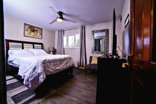 a bedroom with a bed and a ceiling fan at KING SUITE ON 16TH AVE in Anchorage