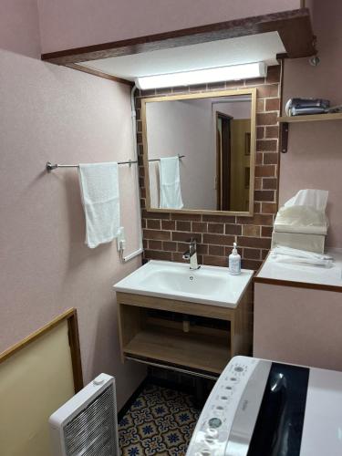 a bathroom with a sink and a mirror at Tomoeドットコム3 music stay in Hakodate