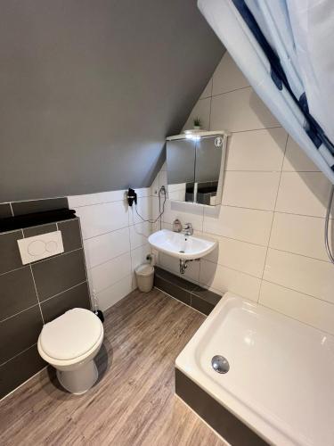 a small bathroom with a toilet and a sink at Flensburg Zentrum 69 03 in Flensburg
