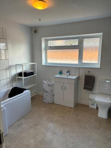 a bathroom with a sink and a toilet and a window at Little Manor in Chesterfield