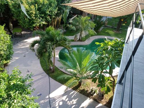 - une vue sur le jardin avec piscine et palmiers dans l'établissement Casa orquídea, à Oacalco