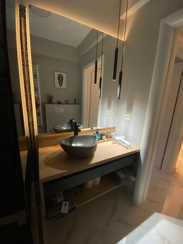 a bathroom with a sink and a large mirror at AIR Studio & Garden in Otopeni