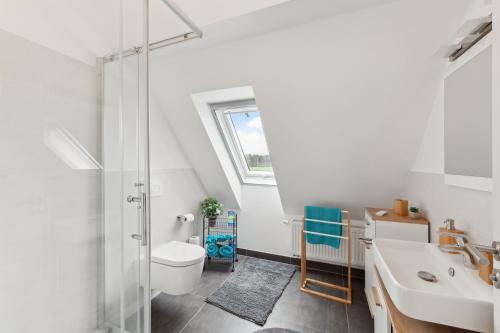 een badkamer met een toilet, een wastafel en een douche bij Charmante Dachgeschosswohnung in Weichering