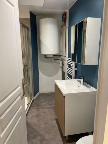 une salle de bain avec un lavabo blanc et des toilettes dans l'établissement Au pied du château, à Azay-le-Rideau