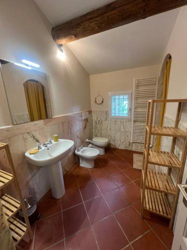 een badkamer met een wastafel en een toilet bij Proche Roussillon Luberon villa avec vue, piscine chauffée et climatisation in Gargas