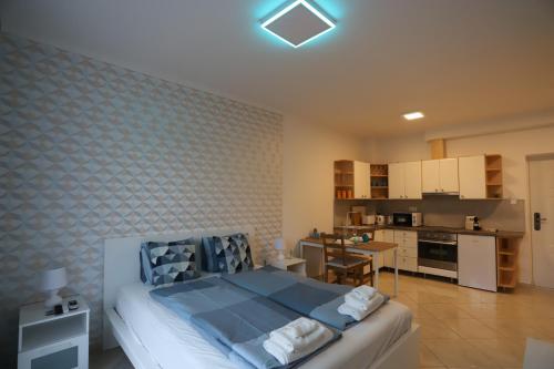 1 dormitorio con 1 cama grande y cocina en Airport Luxury Apartment with Balcony + Free parking en Vecsés