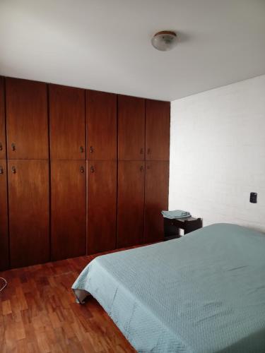 Schlafzimmer mit einem Bett und Holzschränken in der Unterkunft EnBenegas in Mendoza