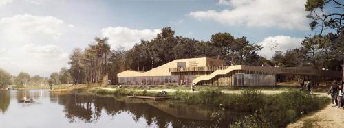 a rendering of a building next to a river at BEDENAC Joli maisonnette à 30 mn de BORDEAUX de JONZAC de BLAYE, pour 2 adultes in Bussac-Forêt