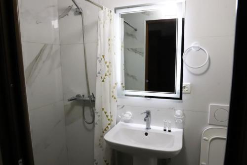 a white bathroom with a sink and a mirror at Villa Palma Center in Berat