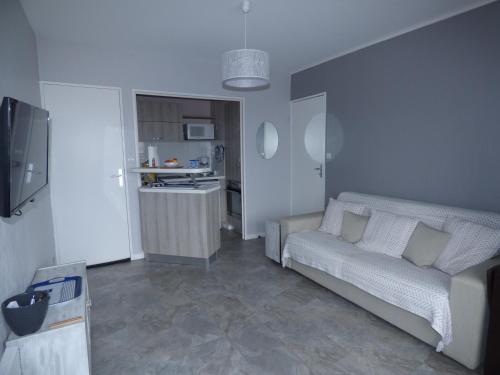 un salon avec un canapé et une cuisine dans l'établissement Le Chenal, à Saint-Gilles-Croix-de-Vie